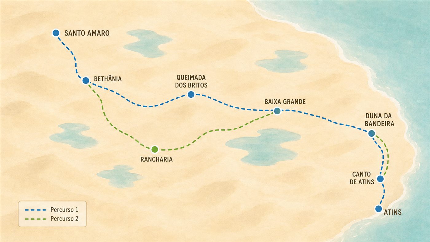 Mapa dos dois percursos da travessia, de Atins a Santo Amaro, passando por Duna da Bandeira, Baixa Grande, Queimada dos Britos, Rancharia, Betânia e Santo Amaro